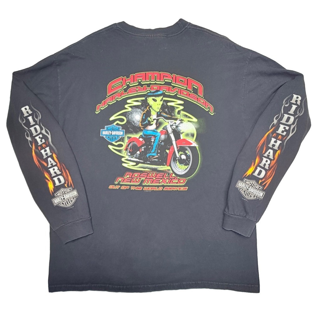 2008 Harley Davidson Champion Roswell NM Alien Long Flame Sleeve Pocket Shirt XL